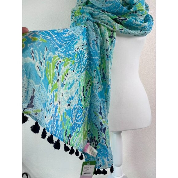 Lilly Pulitzer women's blue spa lets cha‎ cha murfee scarf silk cashmere NWT - Picture 7 of 8